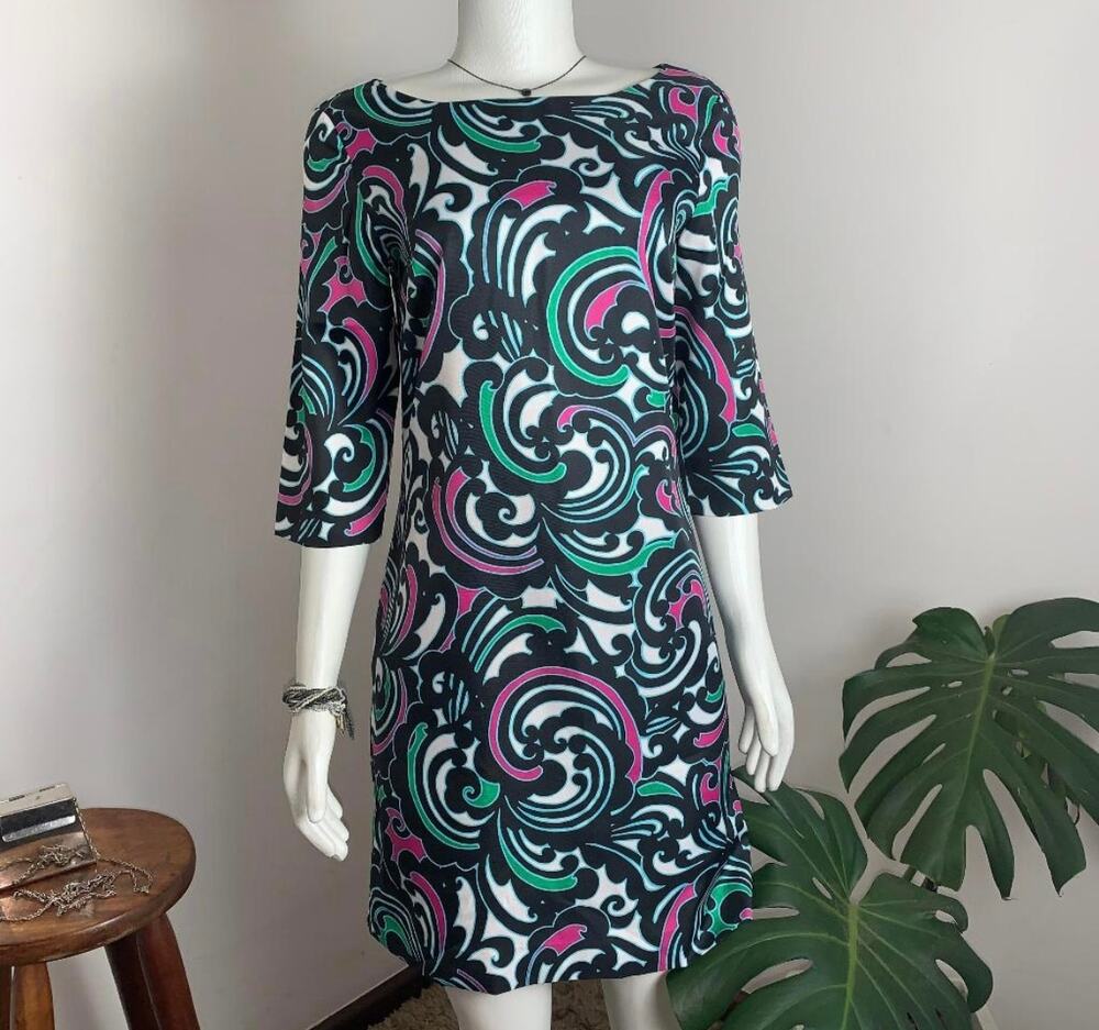 Banana Republic Factory Paisley 3/4 Sleeve Dress Womens Size 8 Retro Navy Pink